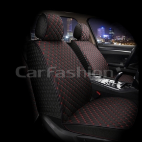 Чехлы универсальные LINEN CUBE FRONT от CarFashion Черные с красной прострочкой